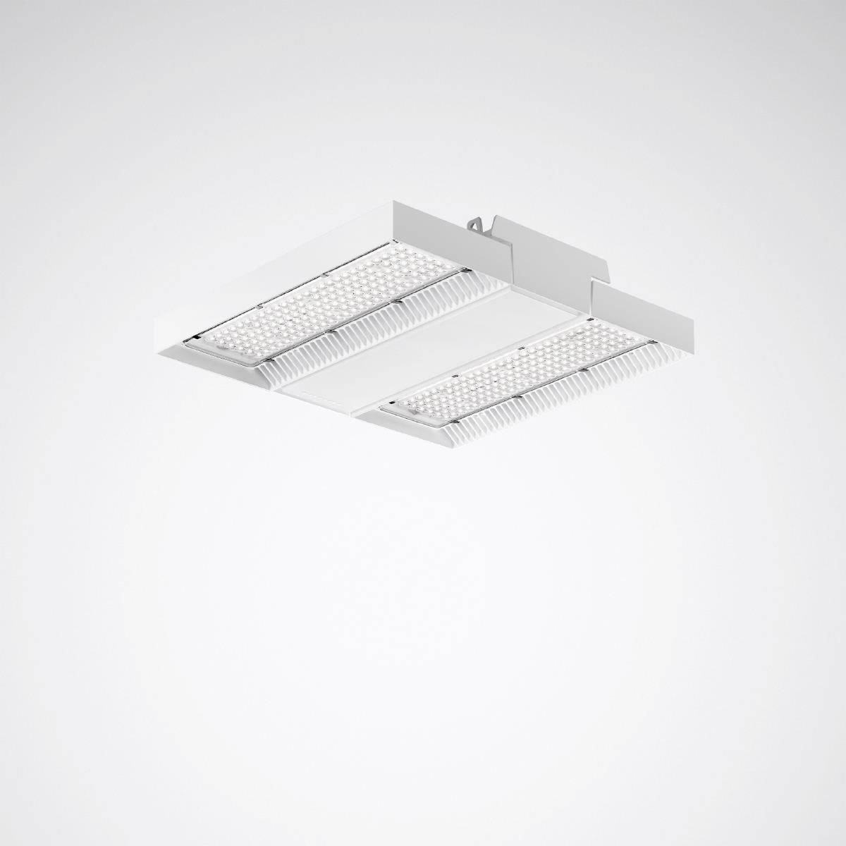 Plafonnier LED au design rectangulaire, avec boîtier argenté et grille structurée pour une distribution uniforme de la lumière.