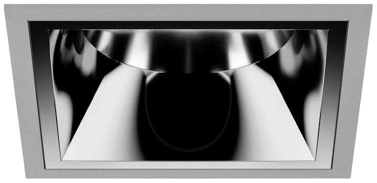 Un luminaire de plafond rectangulaire moderne avec un réflecteur argenté et une surface lisse, vu en gros plan depuis le bas.