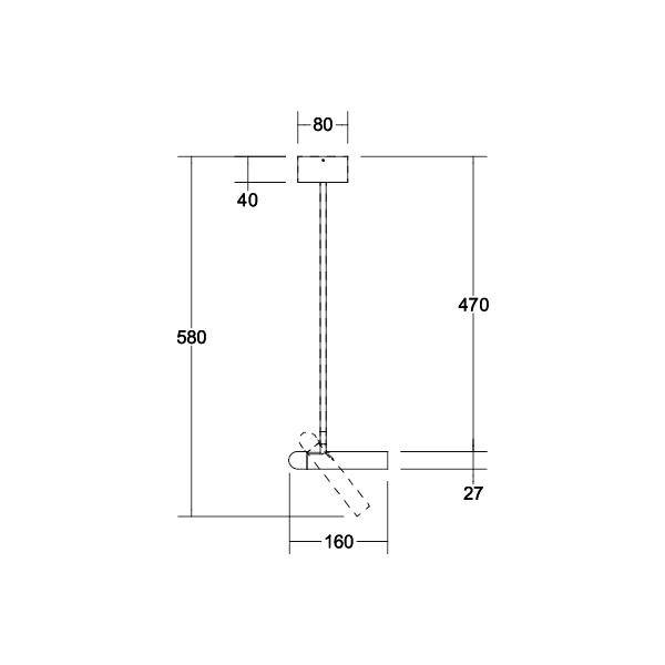 Le diagramme montre les dimensions d'un support mural : 580 mm de hauteur, 470 mm de tige, 80 mm de base. Distance par rapport au mur de 160 mm, incluant la charnière.