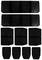 Tapis de caoutchouc noir de différentes formes et tailles, disposés en deux rangées supérieures de deux tapis et trois rangées inférieures de tapis plus petits.