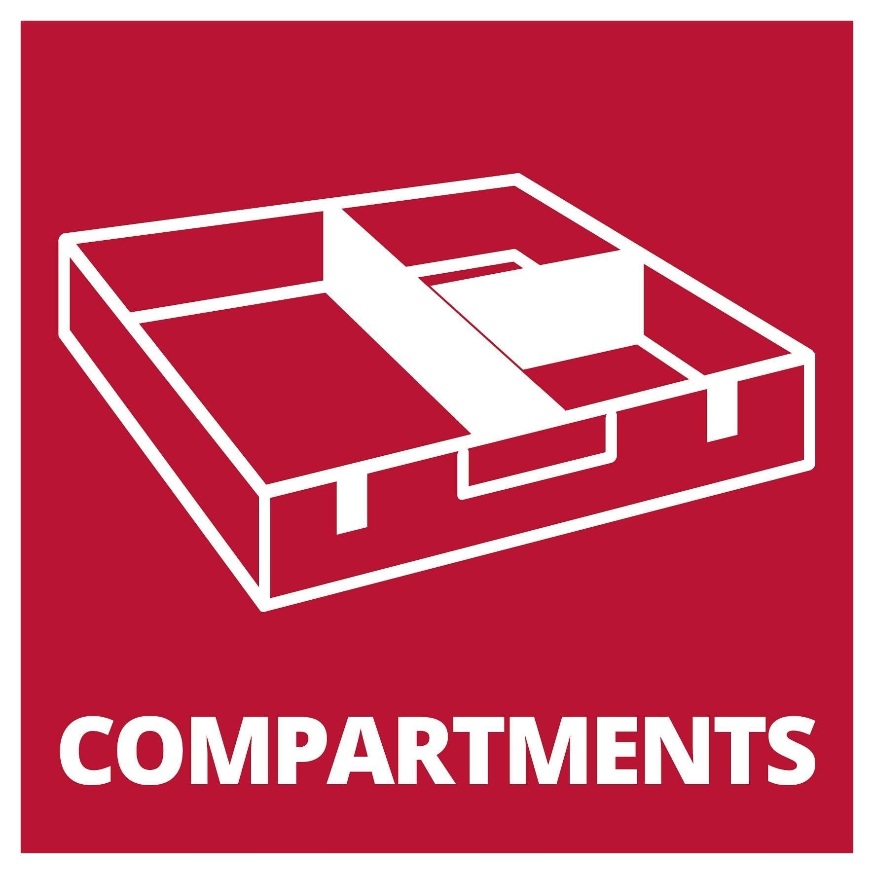 Un carré rouge avec un symbole blanc représentant un casier ouvert à plusieurs compartiments. En dessous est inscrit 'COMPARTMENTS'.