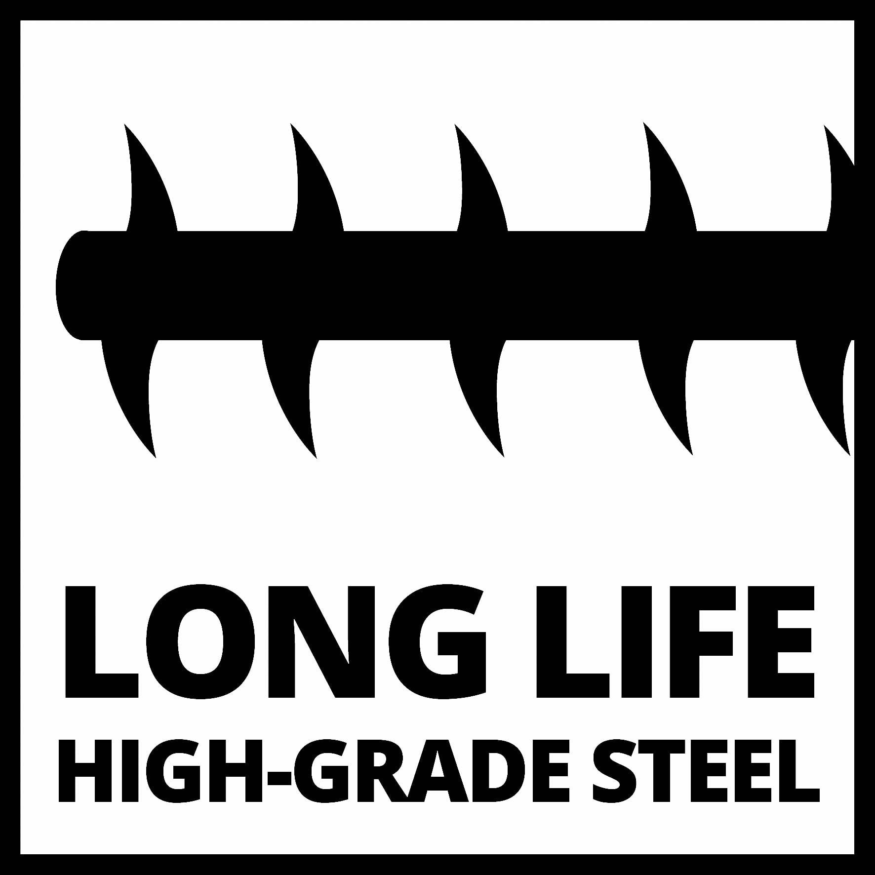 'Lame de scie aux dents acérées portant l'inscription : LONG LIFE HIGH-GRADE STEEL'