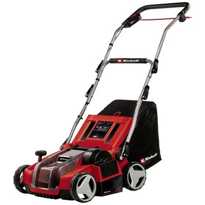 Un tondeuse électrique rouge avec un bac de ramassage noir et une poignée réglable en hauteur sur un fond blanc.