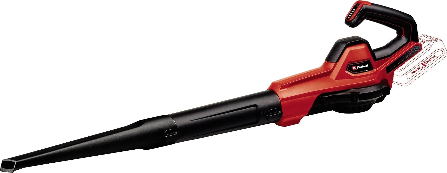 Souffleur de feuilles à batterie en rouge et noir. Design élancé et ergonomique avec une longue sortie pour l'élimination efficace des feuilles.