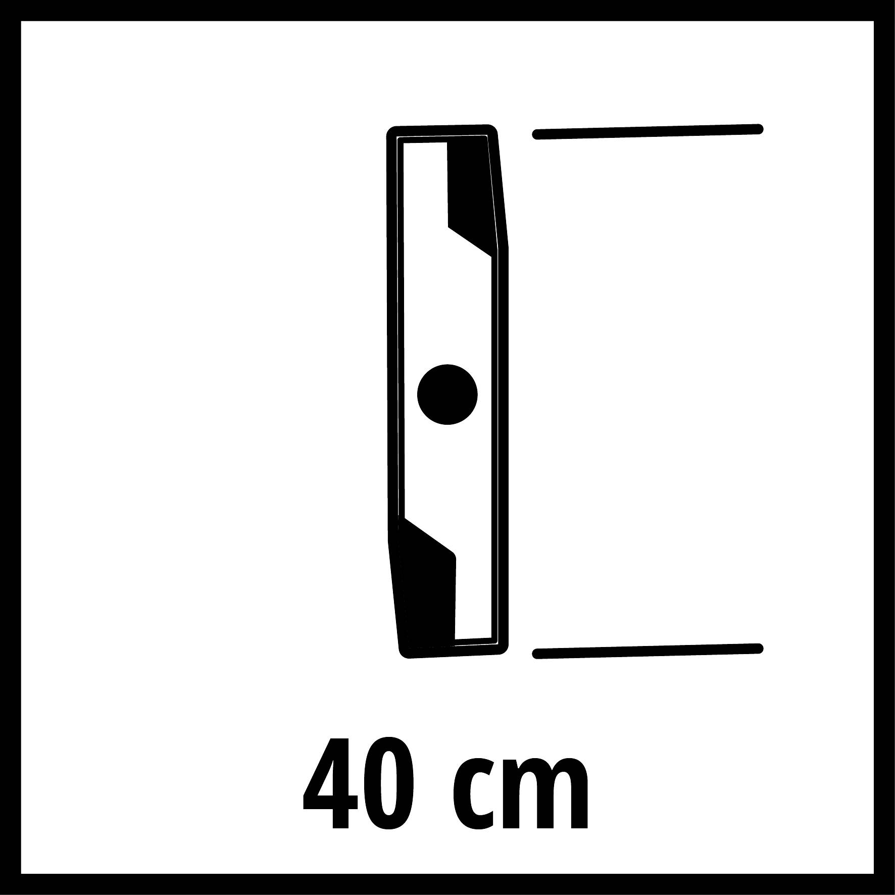 Un panneau rectangulaire de 40 cm de côté, représentant les dimensions d'un objet avec un détail circulaire en son centre.