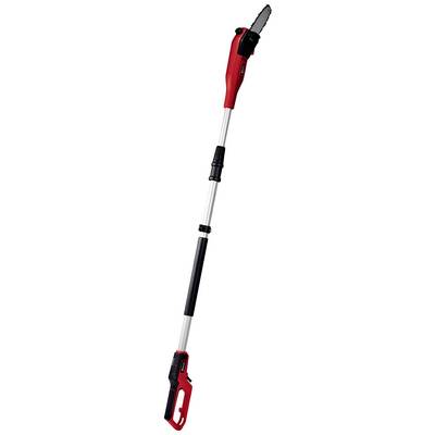 Scie télescopique à poignée rouge et noire, extensible pour l'élagage de branches hautes, entraînement électrique.