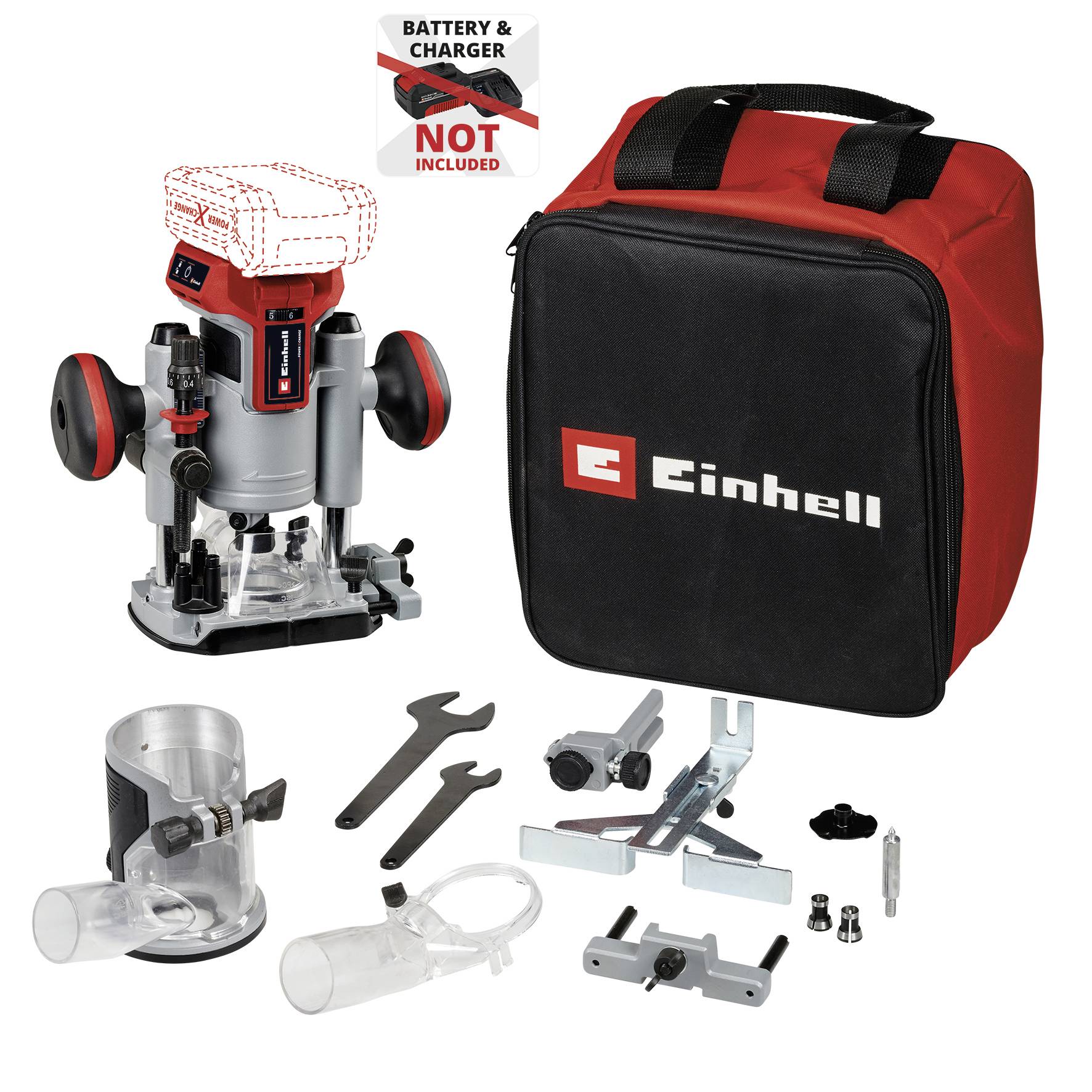 Défonceuse Einhell avec sac de rangement rouge et accessoires. Batterie et chargeur non inclus.
