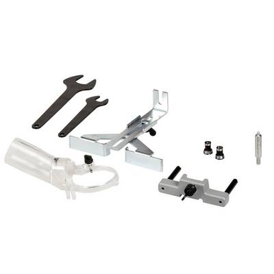 Différentes pièces d'accessoires de perceuse, comprenant un capot anti-poussière, deux clés à molette, une butée d'angle et des vis.