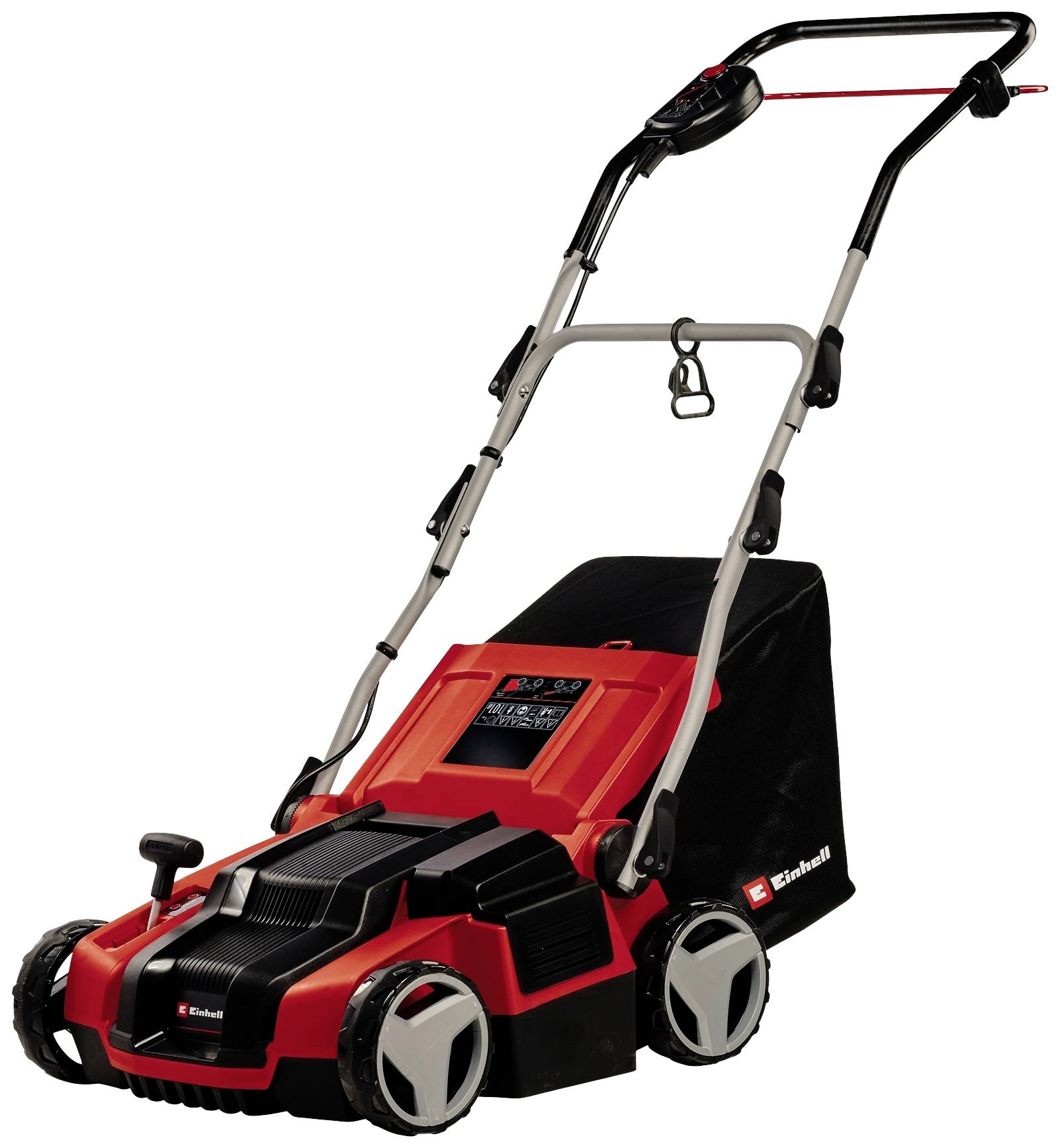 Un tondeuse électrique rouge et noire avec bac de ramassage et poignée pliable. Idéal pour tondre les petits et moyens jardins.