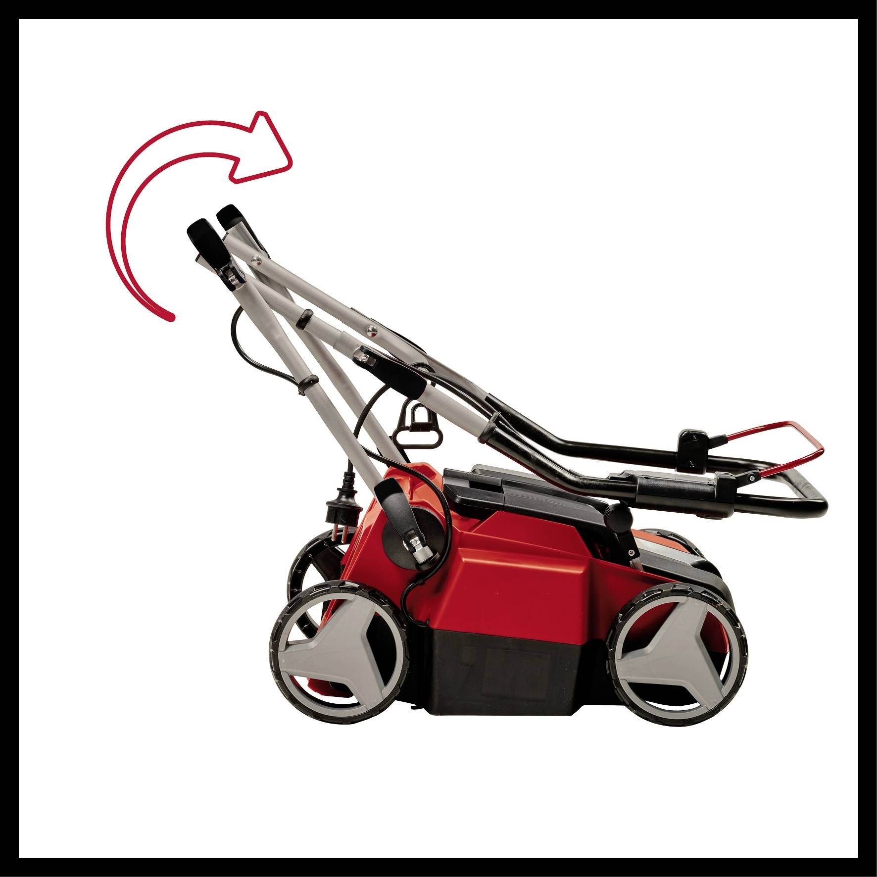 Un tondeuse à gazon pliable avec des accents rouges et une flèche indiquant le mouvement de pliage.