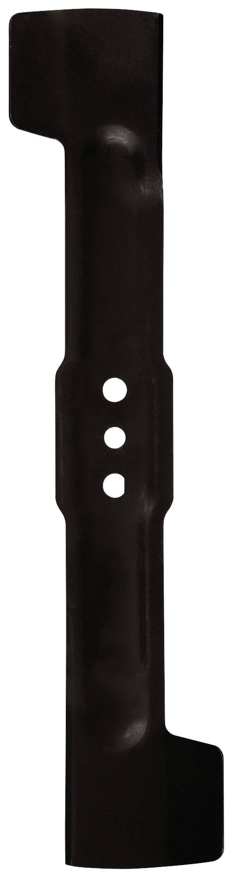 Une lame de tondeuse noire avec trois trous de fixation centraux, adaptée pour être montée sur une tondeuse à gazon.