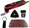 Un ensemble d'outils multifonctions comprenant des outils électriques rouge et noir, des accessoires de ponçage, un grattoir et des pièces complémentaires.