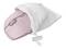Une souris d'ordinateur rose dans un sac en tissu blanc. La souris présente un design ergonomique avec des boutons latéraux et un éclairage LED.
