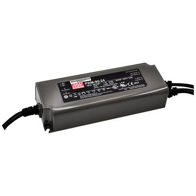 Boîtier d'alimentation gris avec une étiquette noire, portant le numéro de modèle 'PWM-90-24' et divers symboles techniques.