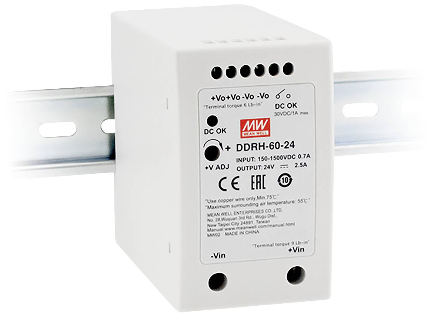 Alimentation montée sur rail DIN, étiquetée avec des spécifications techniques telles qu'une entrée de 150-1500VDC et une sortie de 24V, 2,5A.