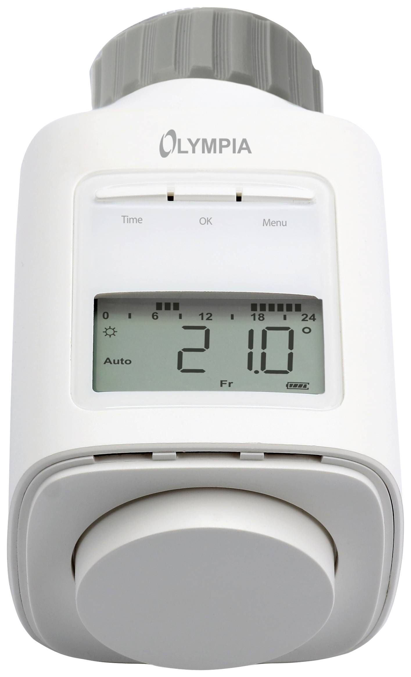 Thermostat à affichage numérique indiquant '21,0' degrés Celsius. Touches pour l'heure, OK et menu. Boîtier blanc, molette de réglage grise en haut.