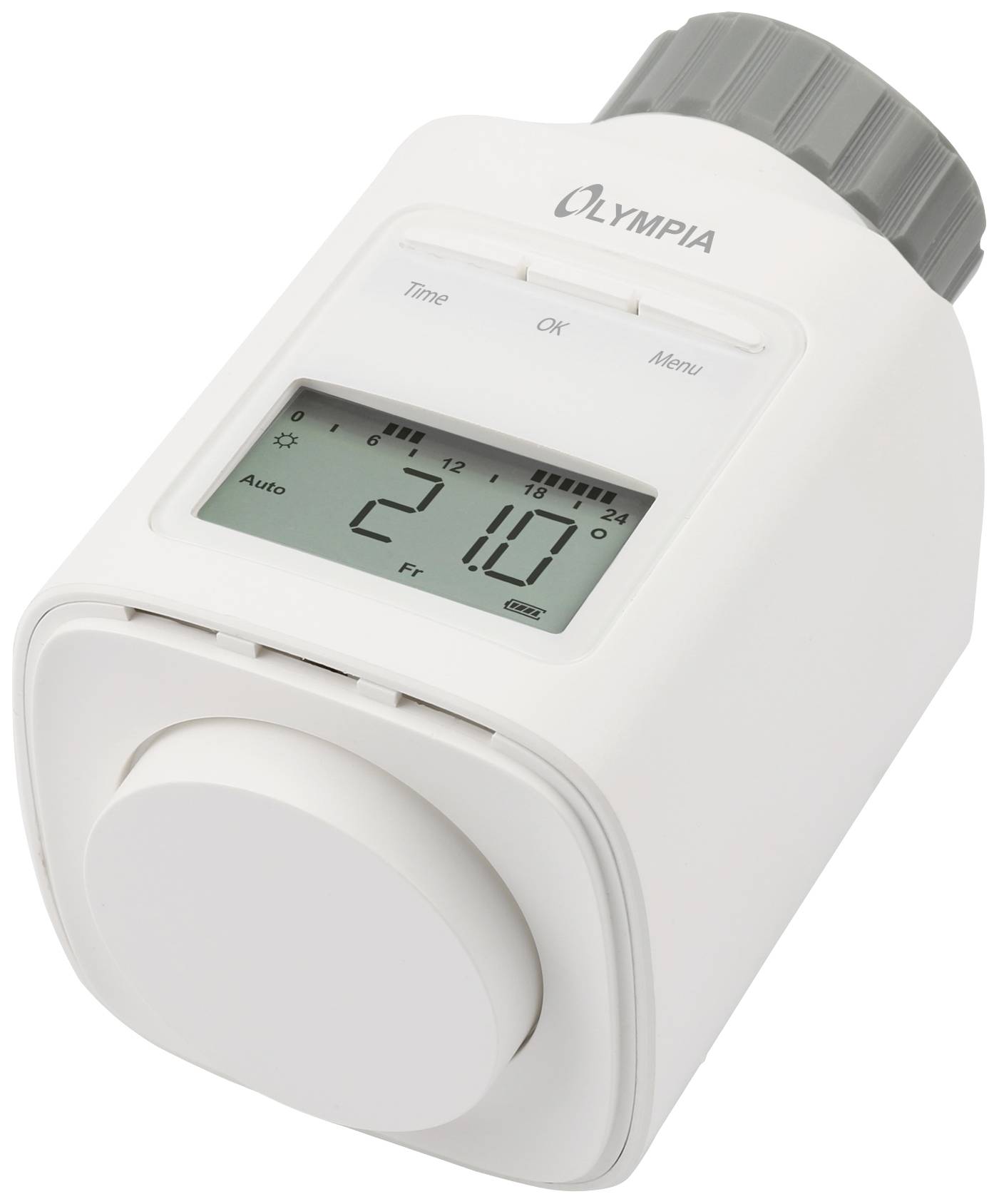Un thermostat numérique blanc avec un écran affiche '21°'. Nom de la marque sur le dessus. Options de programmation horaire disponibles.