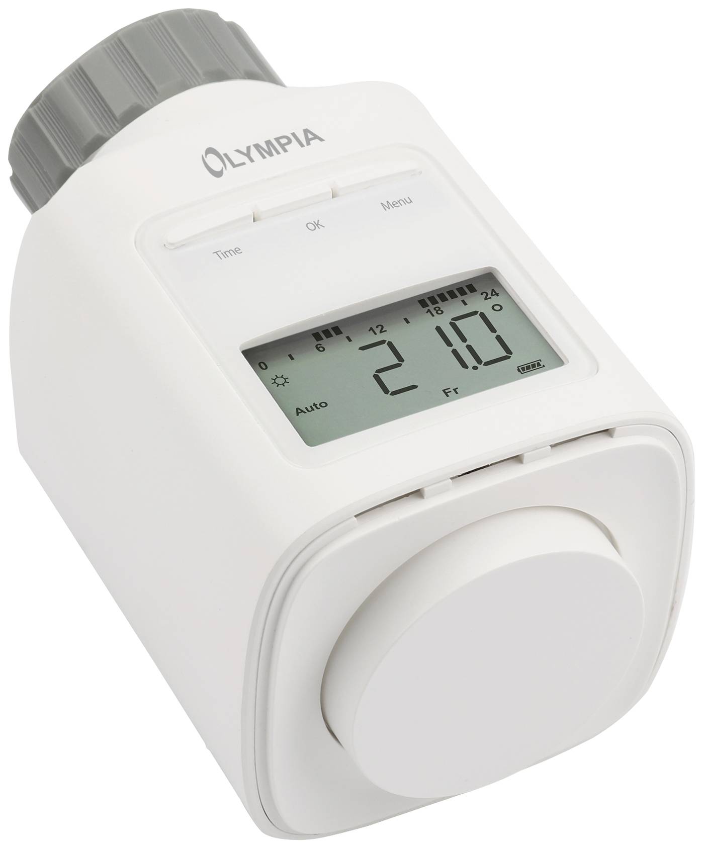 Thermostat électronique pour radiateur, affiche 21,0 degrés Celsius. Grand bouton rotatif en bas, touches de réglage horaire en haut.
