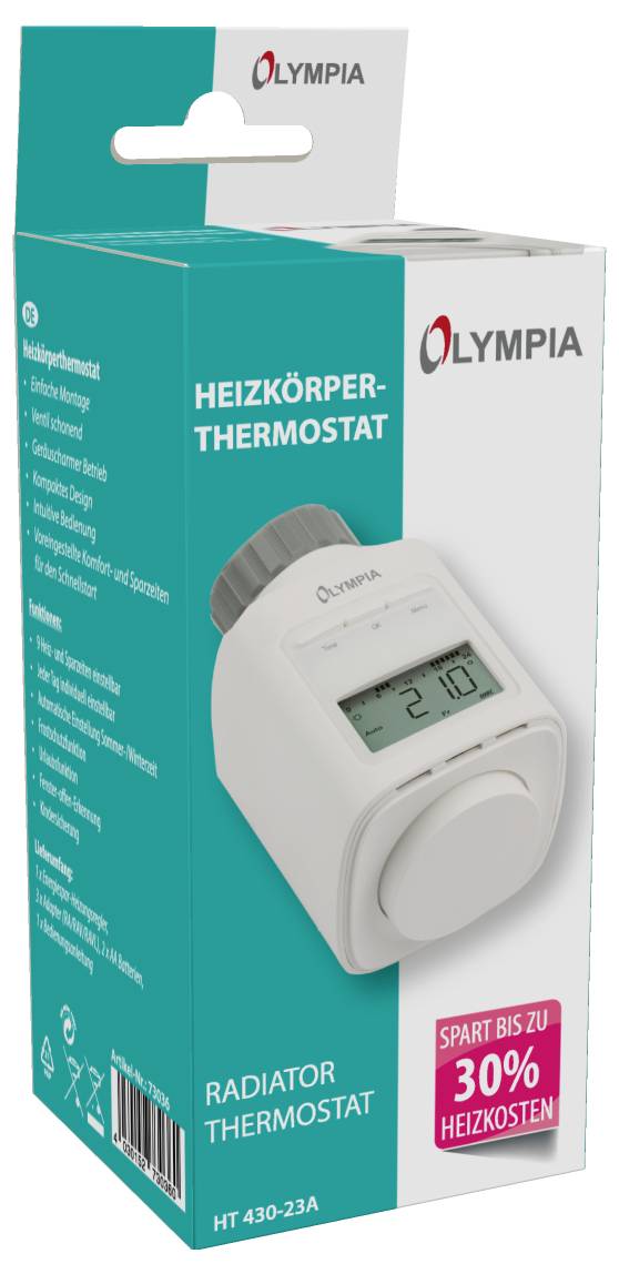 Emballage d'un thermostat de radiateur de la marque Olympia. Comprend un affichage numérique et une molette de réglage. Texte : 'Économisez jusqu'à 30% de frais de chauffage'.