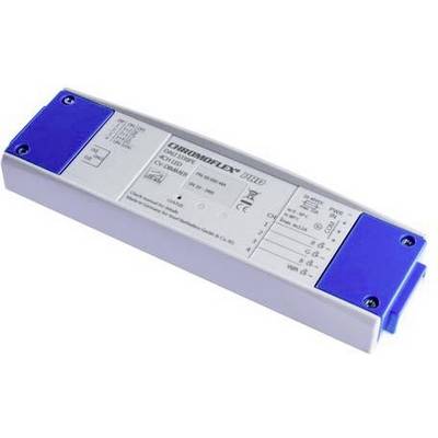 Un driver LED rectangulaire bleu et blanc avec des spécifications techniques imprimées.