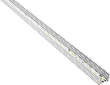 Profilé métallique avec bande lumineuse LED intégrée, vue en diagonale. Idéal pour les applications d'éclairage, montrant les LED le long du rail.