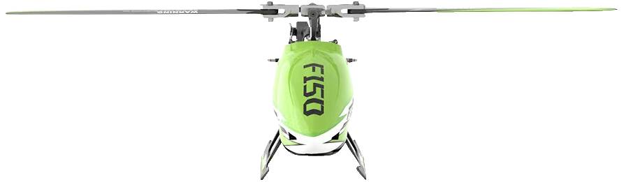 Un hélicoptère modèle vert avec l'inscription 'F150' est visible de face. Les pales du rotor sont orientées horizontalement.