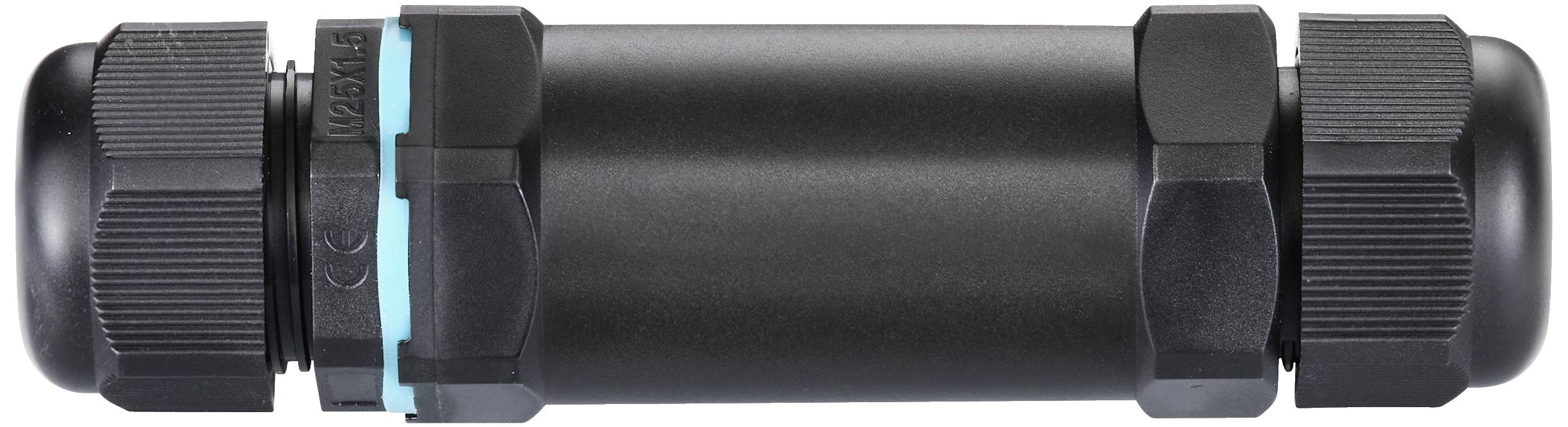 Un connecteur de câble noir avec des anneaux d'étanchéité bleus aux extrémités, adapté pour les environnements extérieurs ou difficiles.