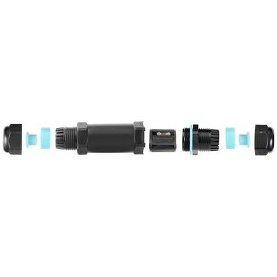 Vue éclatée d'un élément de connexion de câble comprenant plusieurs composants individuels illustrant différentes pièces de raccordement et joints d'étanchéité.