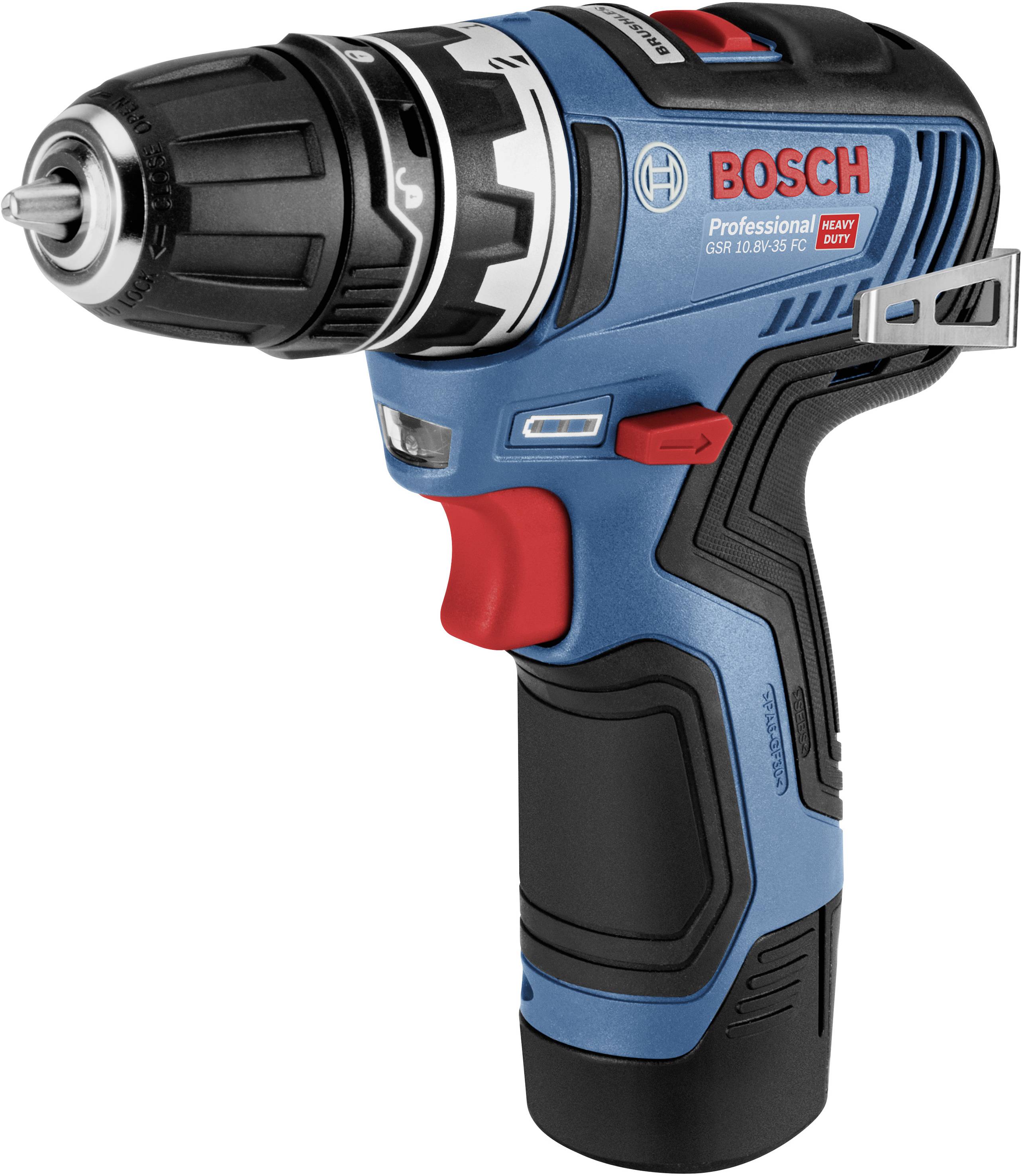 Visseuse-perceuse sans fil Bosch en bleu et noir avec bouton rouge, modèle GSR 12V-35 FC, compacte et sans fil pour travaux de bricolage.