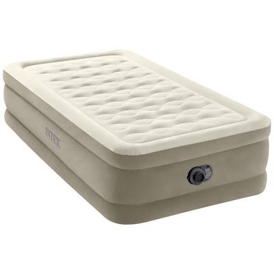 Lit gonflable beige rectangulaire pour une personne, équipé d'une pompe intégrée. Idéal pour les visites d'invités ou le camping.