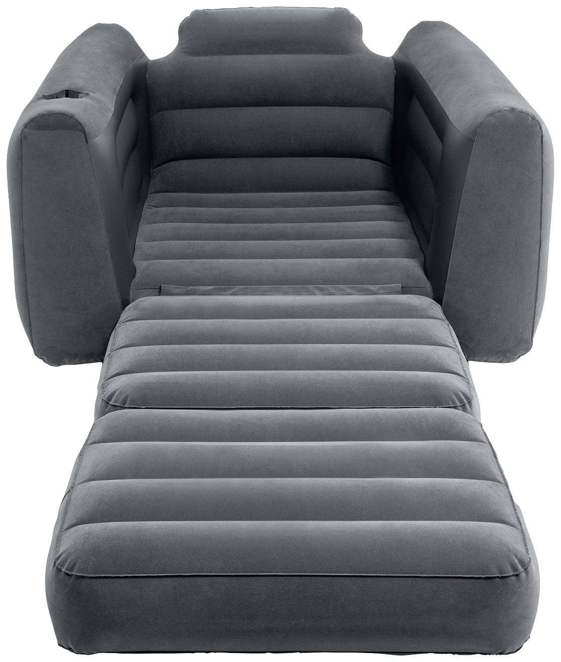 Canapé-lit gonflable gris avec accoudoirs et dossier, se déplie en une surface de couchage. Adapté pour deux personnes.