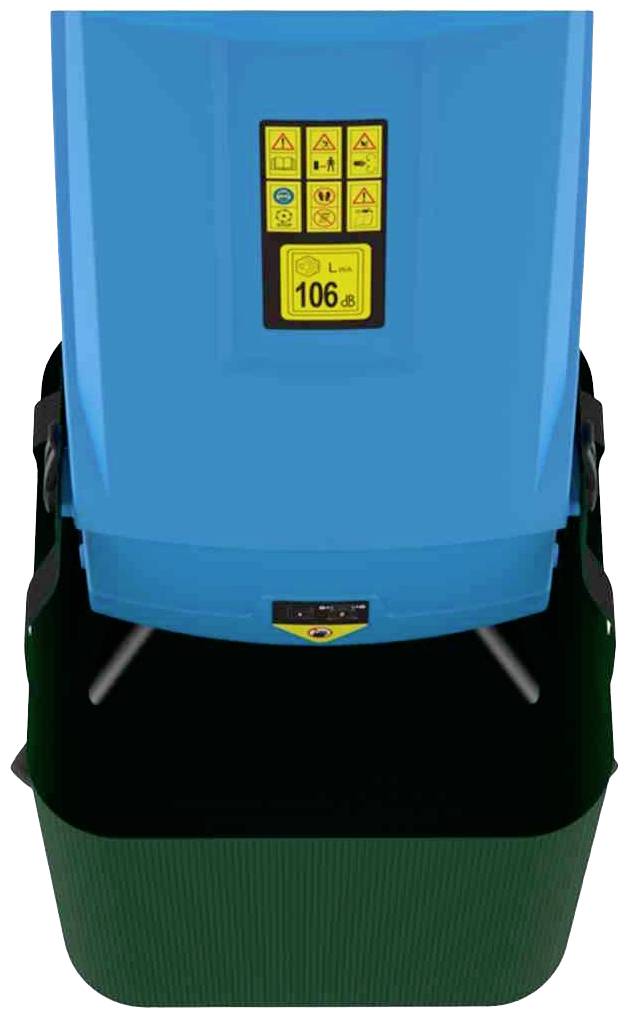 Machine avec boîtier bleu et autocollants de sécurité sur le dessus, indiquant un niveau sonore de 106 dB.