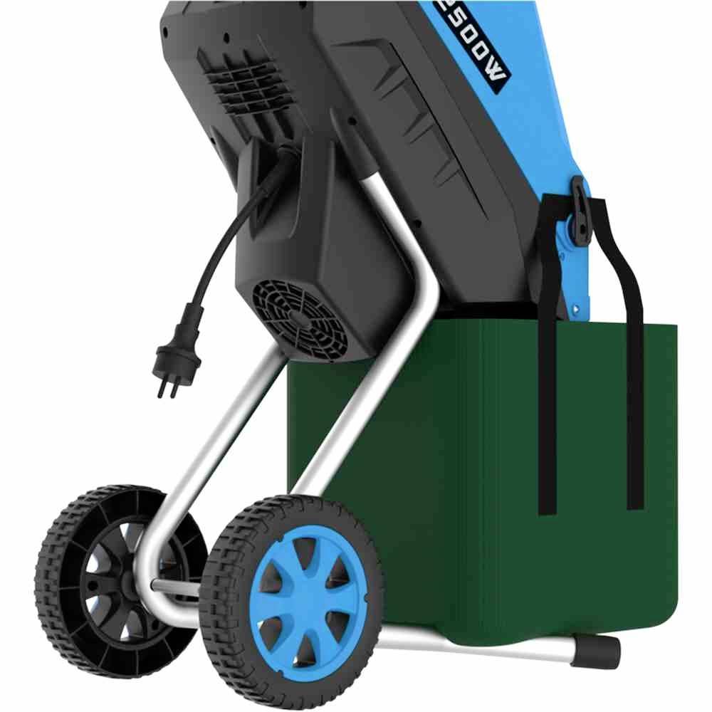 Broyeur de végétaux en noir et bleu, sur roues, avec câble électrique. Puissance de 2500W, construction compacte pour travaux de jardinage.