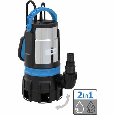 Pompe de plongée au design bleu-noir et boîtier en acier inoxydable, adaptée aux eaux propres et sales, symbole 2-en-1 indiquant la fonction.