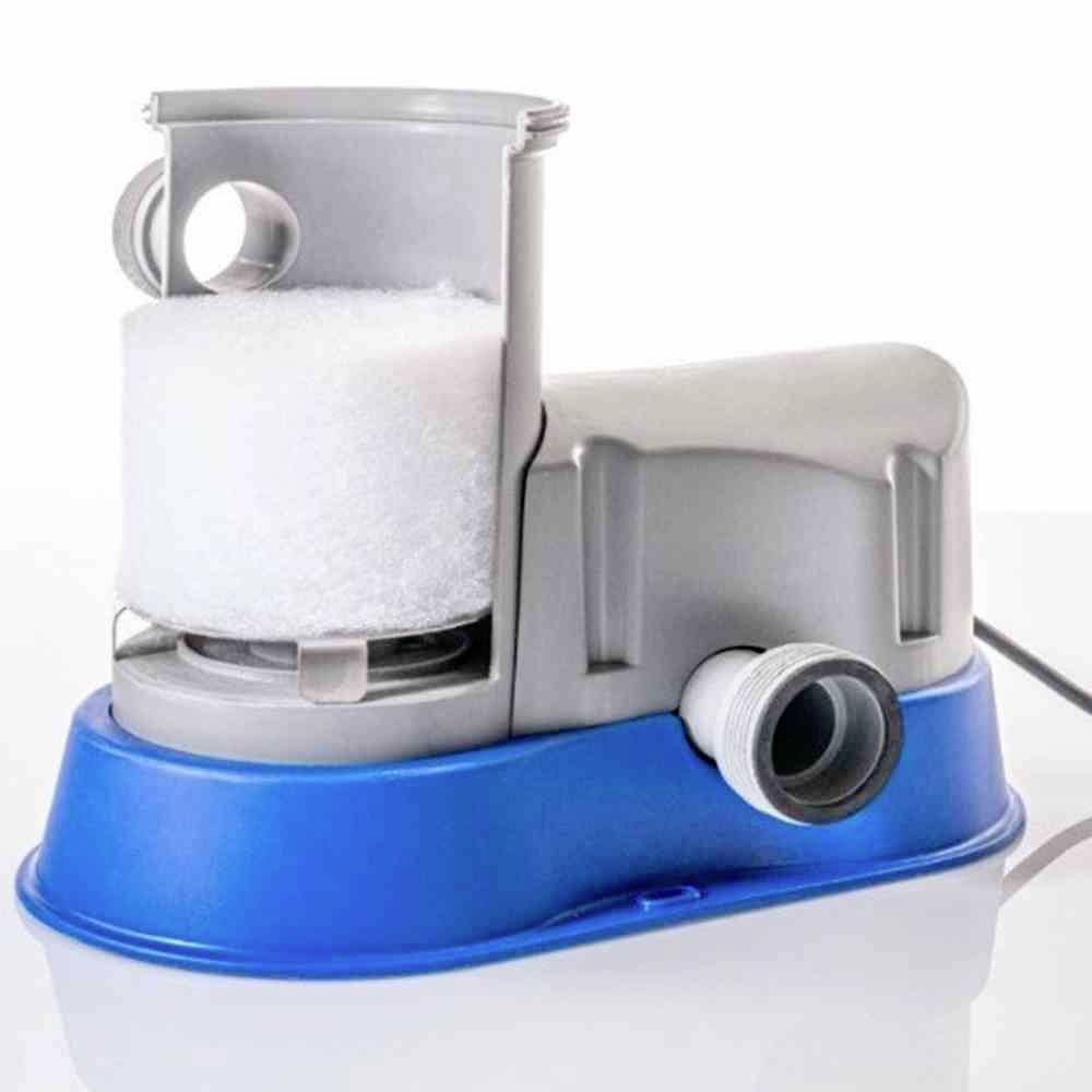 Boîtier en plastique avec base bleue et élément filtrant. Semble destiné à la filtration de l'eau. Un câble sort de l'appareil.