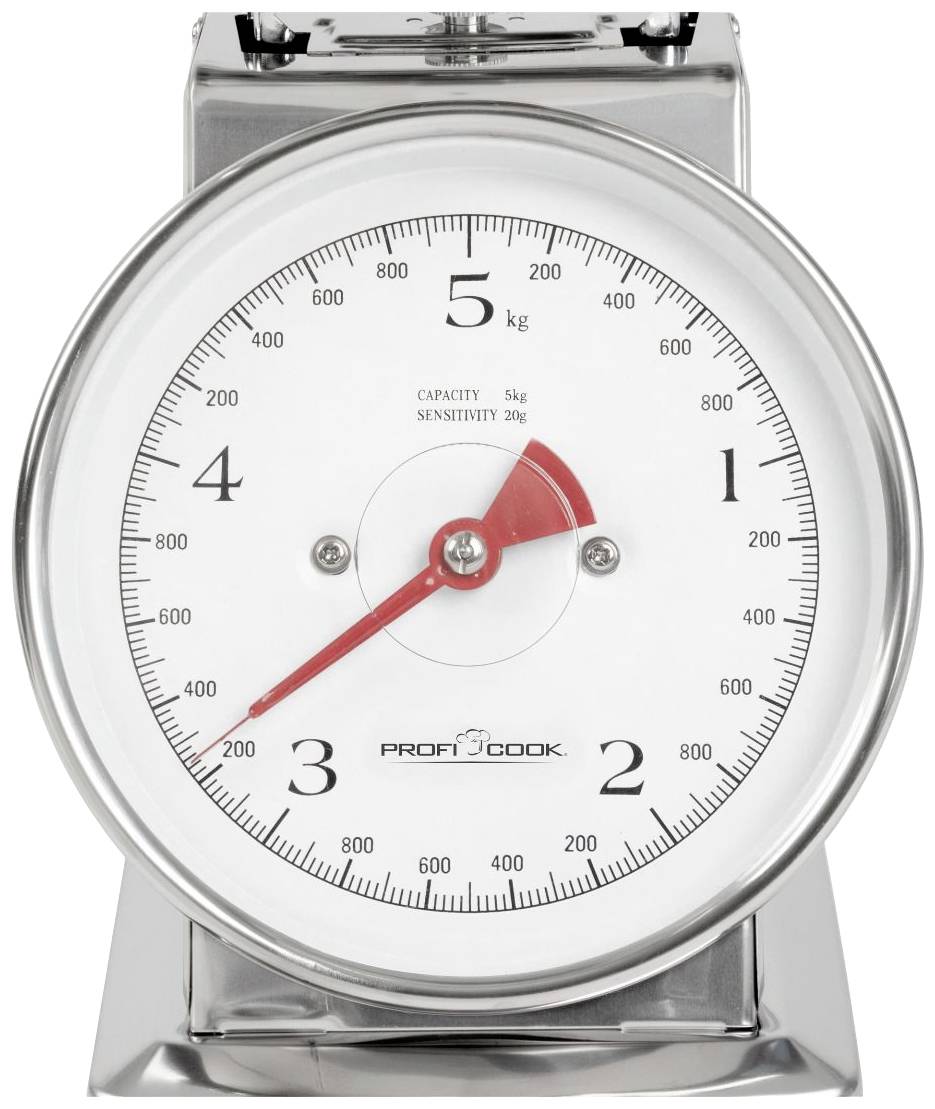 Balance de cuisine en métal avec échelle, indiquant un poids maximal de 5 kg. Aiguille rouge, graduations par paliers de 100g, réglable en hauteur et en position.