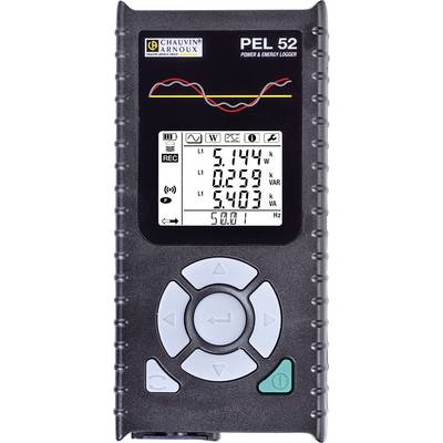 Un appareil portable de mesure d'énergie affiche différentes valeurs telles que la tension, le courant et la puissance sur un écran numérique.