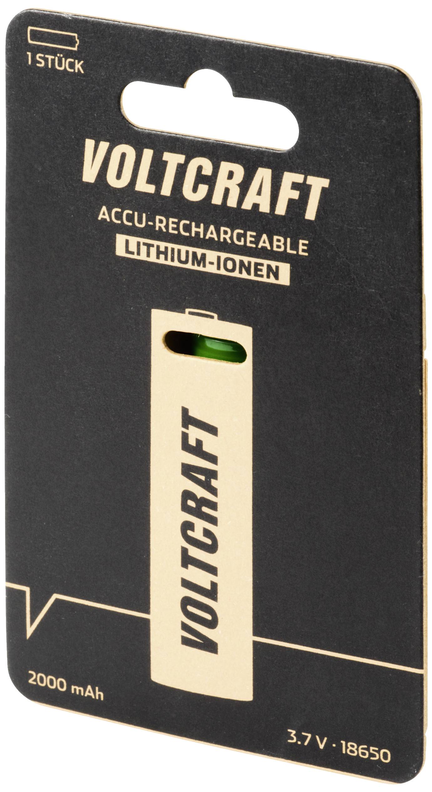 Emballage d'une batterie Lithium-Ion Voltcraft, 1 pièce, 2000 mAh, 3,7 V, avec illustration d'une batterie et logo de la marque.