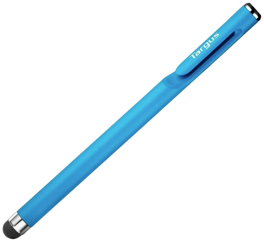 Un stylet bleu avec un embout noir sur lequel est inscrit le mot 'Targus', est adapté pour utiliser des écrans tactiles.