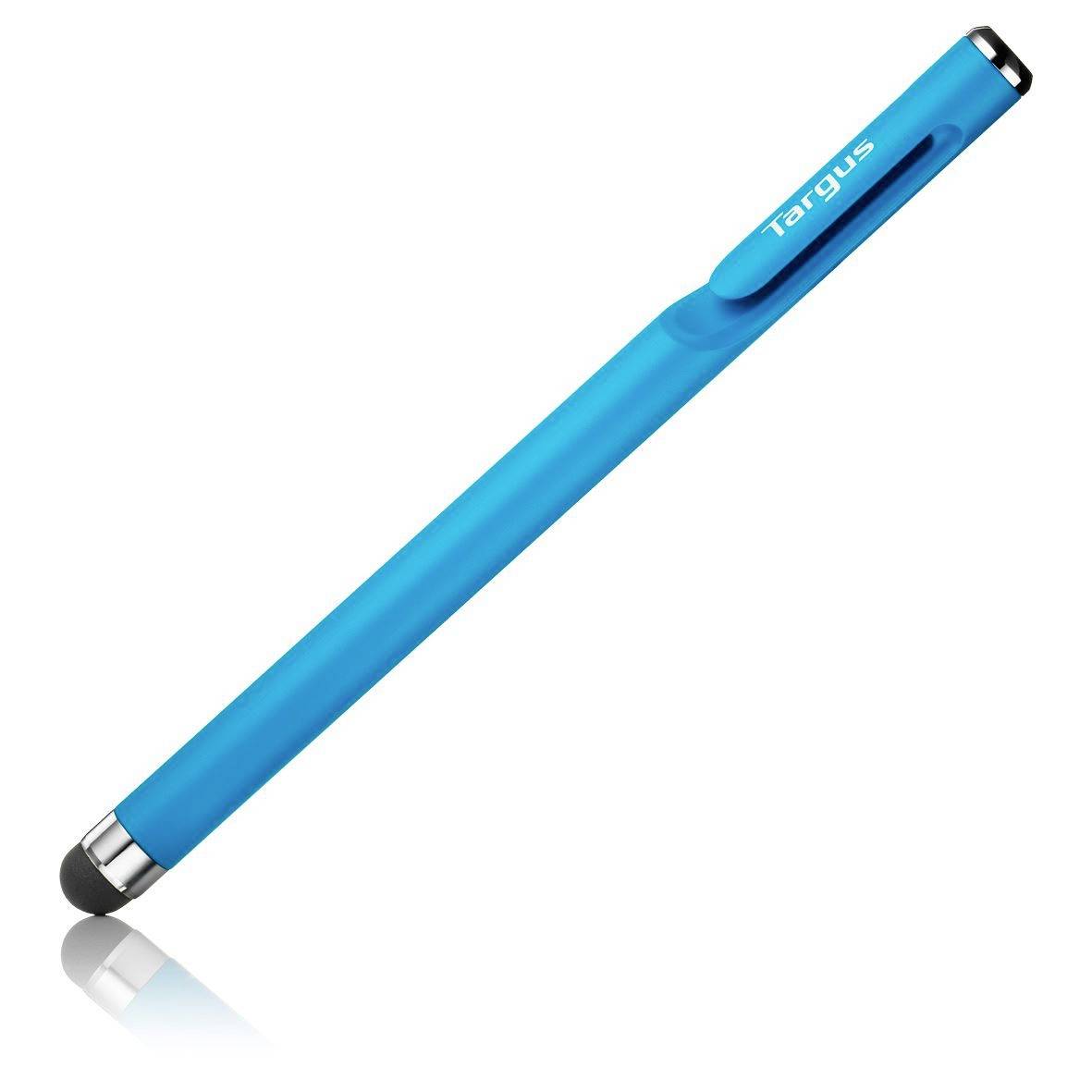 Un stylet bleu de Targus avec un embout arrondi et un clip, utilisé pour naviguer sur des écrans tactiles.