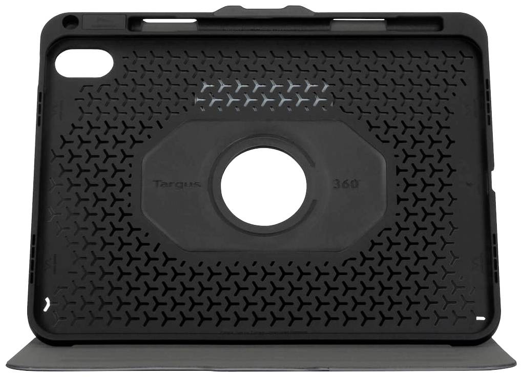 Étui pour tablette noir, robuste, doté d'un support rotatif central, offrant une protection optimale et des options de positionnement polyvalentes.