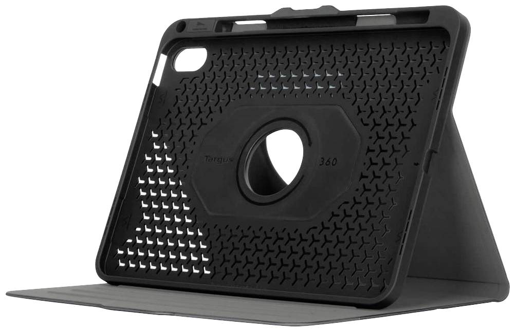 Étui noir pour tablette avec mécanisme rotatif et fonction support, offrant une protection et une flexibilité pour différents angles de vue.