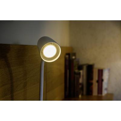 Une lampe de lecture allumée projette une lumière chaleureuse sur une étagère à livres en arrière-plan.