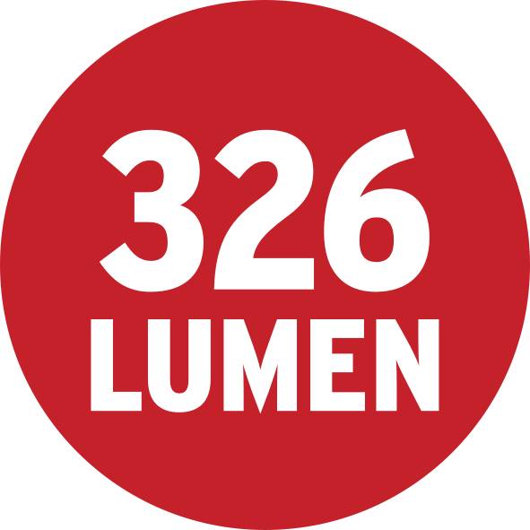 Cercle rouge avec inscription blanche : « 326 LUMENS ».