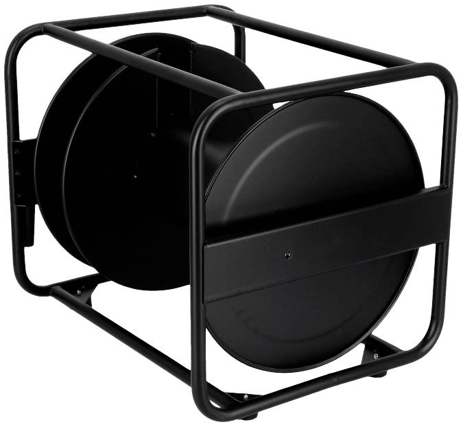 Un support de tambour de câble noir en métal, vide, avec quatre pieds, adapté pour l'enroulement de câbles dans des applications professionnelles.