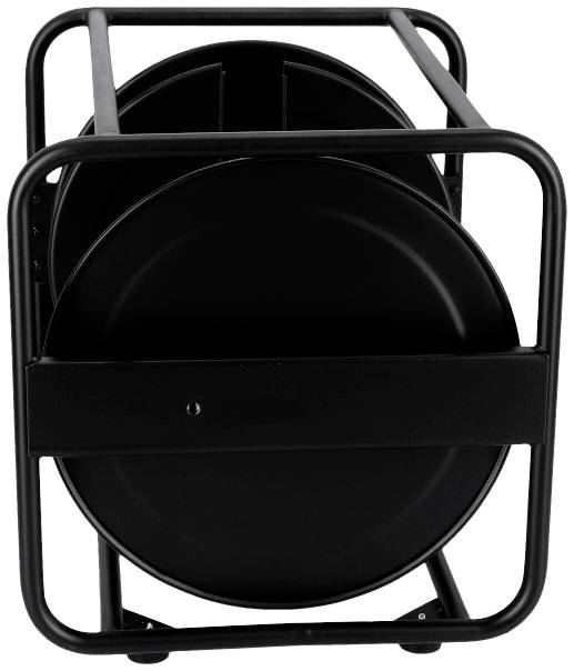 Tambour de câble métallique noir vide dans un cadre rectangulaire. Adapté pour le stockage ou le transport de câbles.