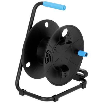 Une bobine de câble vide, noire, avec une poignée bleue, est dressée verticalement sur un support métallique.
