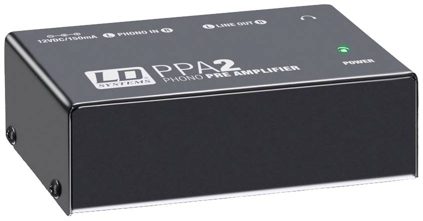 Un préamplificateur phono noir portant l'inscription 'PPA 2', avec un voyant de mise en marche vert et des connexions Line-Out et Phono-In.