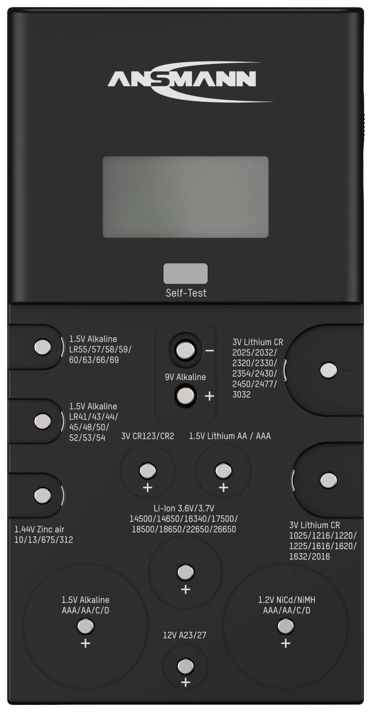 Testeur de piles Ansmann avec plusieurs emplacements de test pour différentes tailles de piles : AA, AAA, lithium et piles boutons.