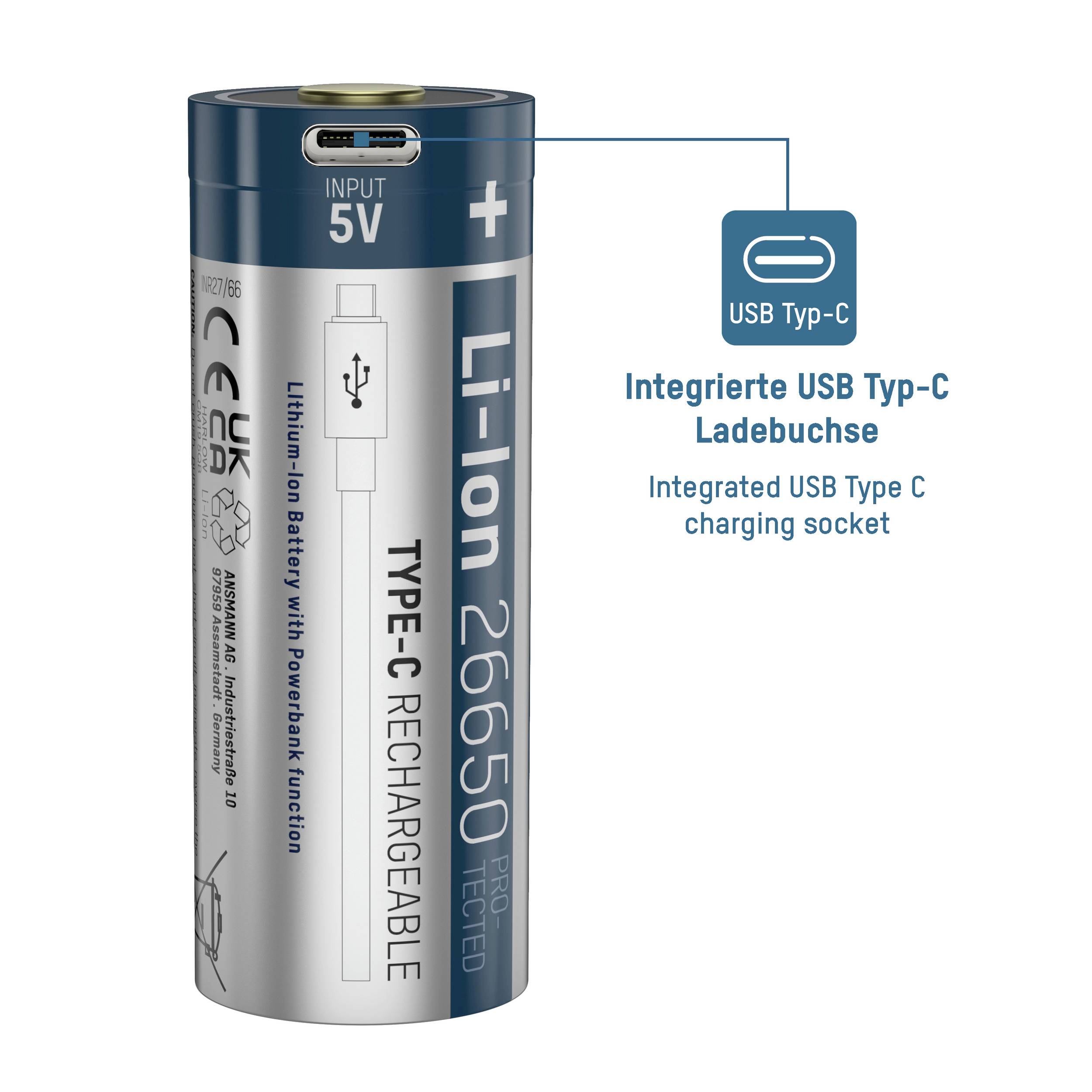 Batterie rechargeable Li-Ion 26650 de type C avec port de charge USB Type-C intégré, entrée 5V. La description présente les caractéristiques du produit.